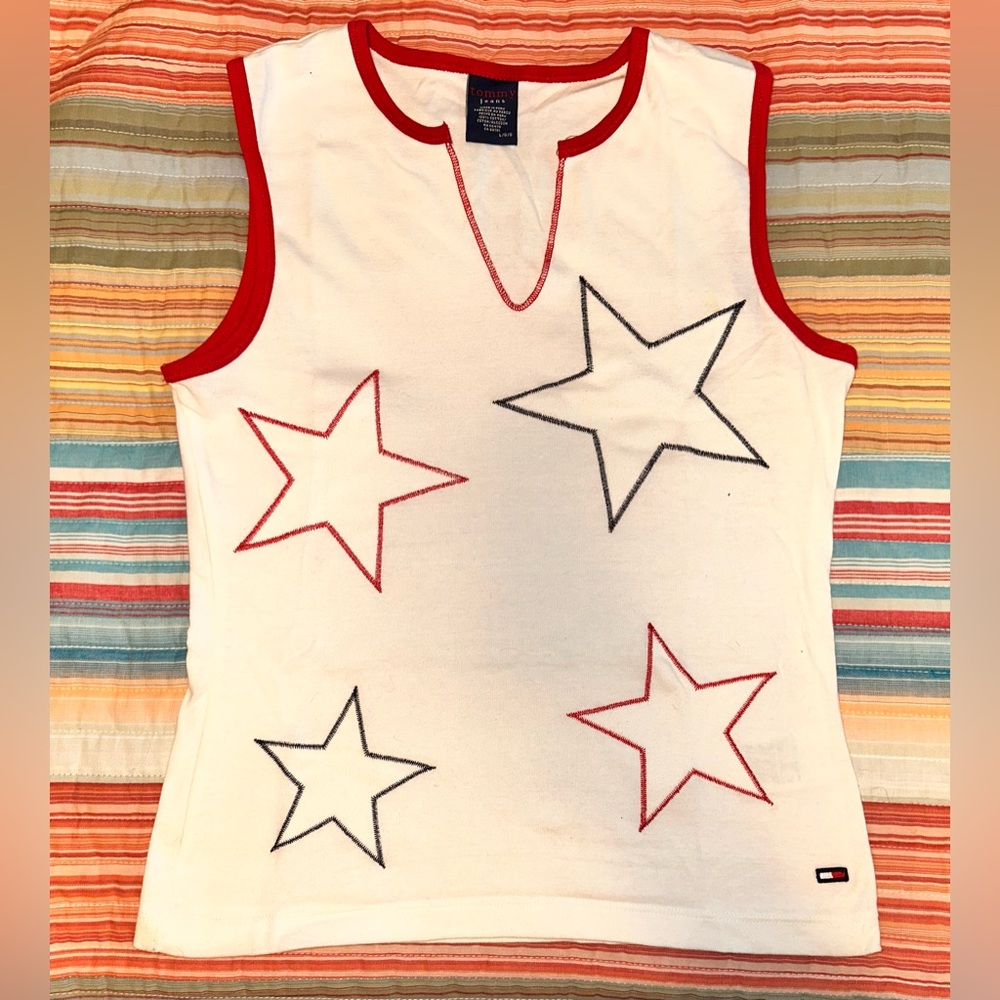Vintage 90s Tommy Hilfiger Red White & Blue Star Tank Top - Picture 2 of 9